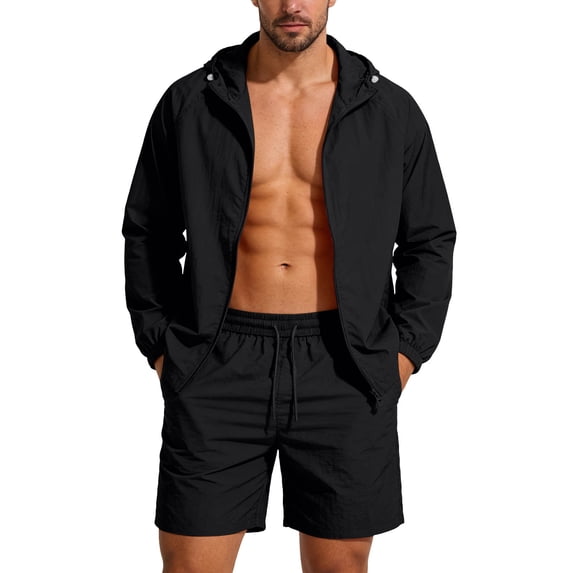 Ahabrexf Mens Casual Shorts for Men with Solid Color Long Sleeve Hooded Zipper Jacket and Sunscreen Clothing Set