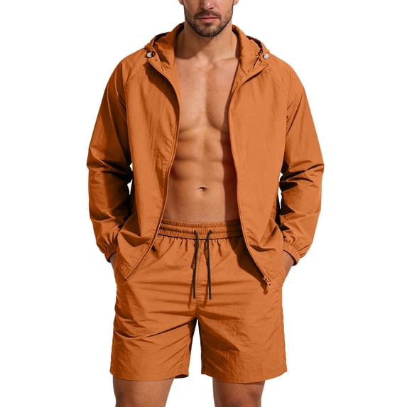 Ahabrexf Mens Casual Shorts for Men with Solid Color Long Sleeve Hooded Zipper Jacket and Sunscreen Clothing Set