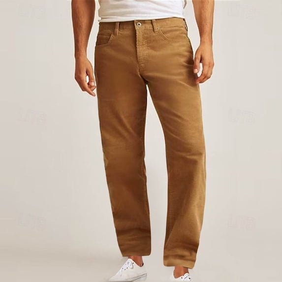 Ahabrexf Man Solid Color Corduroy Pocket Button Casual Loose Straight Pants