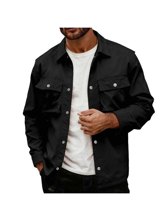 Mens Long Sleeve Jacket Casual for Men Polyester Lapel Multi-Pocket Workwear Blouse Solid Color