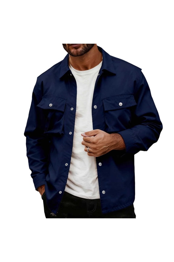Mens Long Sleeve Jacket Casual for Men Polyester Lapel Multi-Pocket Workwear Blouse Solid Color