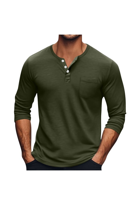 Mens Long Sleeve Shirt Breathable Polyester Solid Color Round Neck Loose Casual Wear