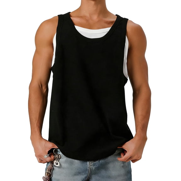 Ahabrexf Mens Muscle Tank Tops Sleeveless Gym Shirts Bodybuilding Training U Neck Vest Workout Clothes Solid Color Summer Double Strap Activewear
