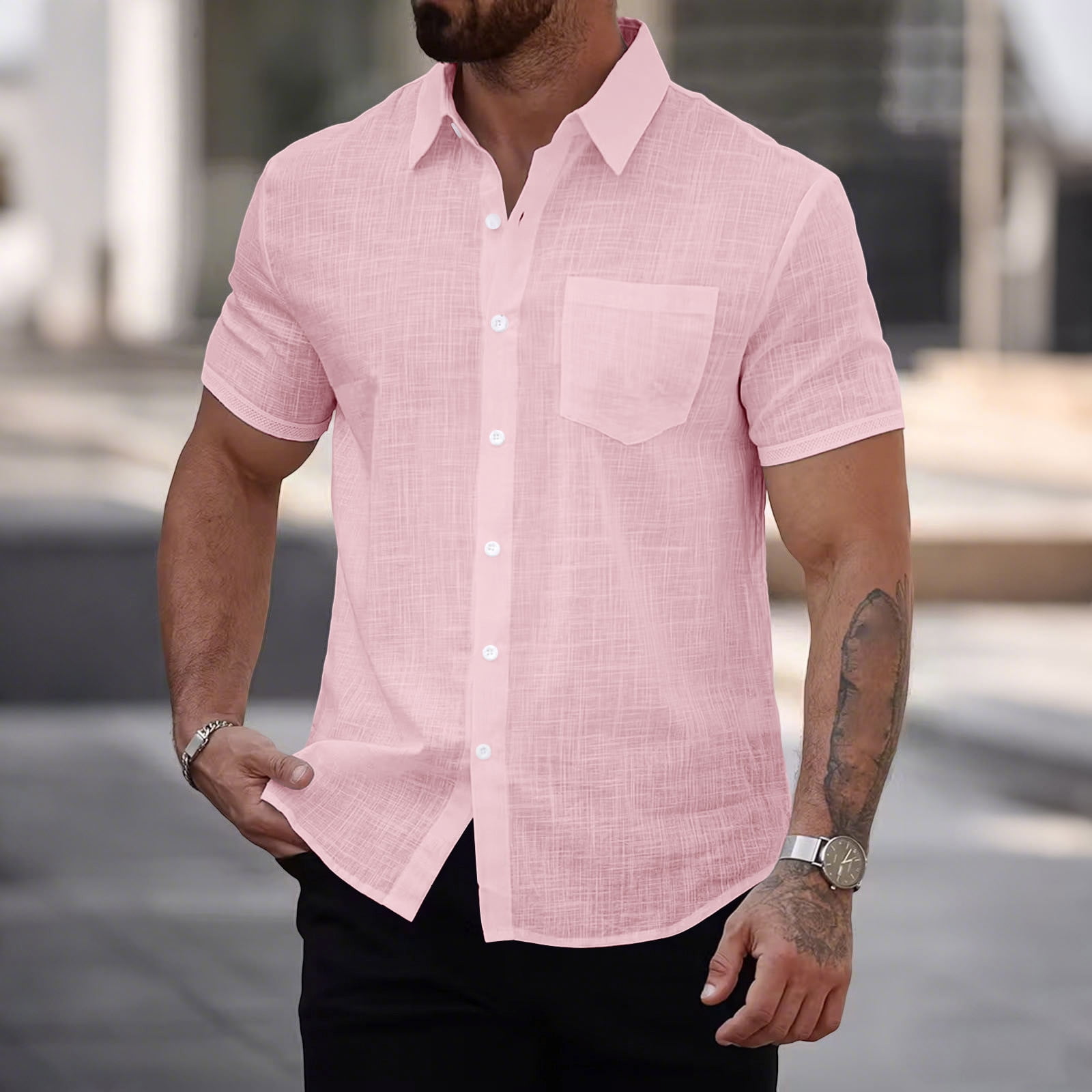 Ahabrexf Mens Short Sleeve Button Down Shirts, Casual V-Neck Button-Up ...