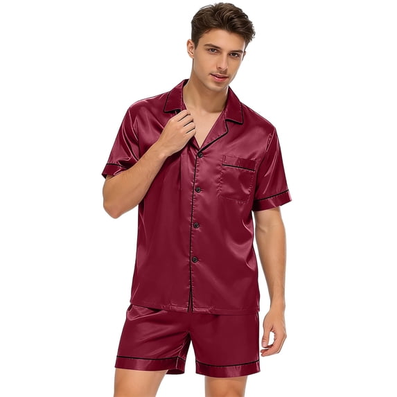 Ahabrexf Mens Silk Pajama Set for Men Solid Color Collared Short Sleeve Button Down Top with 5 Point Bottoms 2 Pc