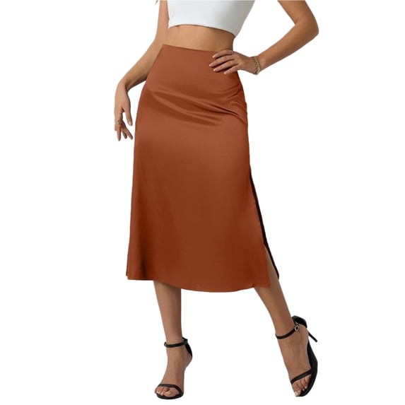 Ahabrexf Midi Satin Skirt for Women High Waist Side Slit Drapey Solid Color Skirt
