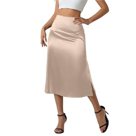 Ahabrexf Midi Satin Skirt for Women High Waist Side Slit Drapey Solid Color Skirt