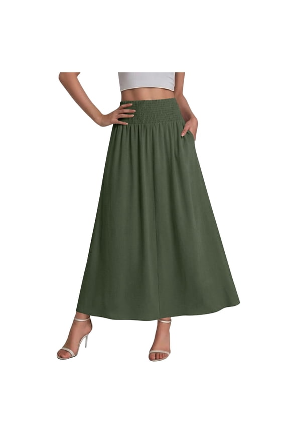 Midi Skirt Women's Elastic Waistband High Rise A-Line Versatile Casual Flowy