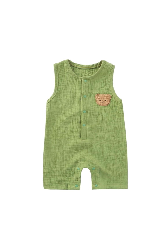 Newborn Baby Clothes Short Silk Dress for Baby, Sleeveless Romper with Bear Embroidery, Breathable Double-Layer Gauze, Concealed Button