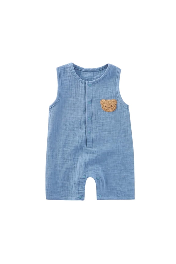 Newborn Baby Clothes Short Silk Dress for Baby, Sleeveless Romper with Bear Embroidery, Breathable Double-Layer Gauze, Concealed Button