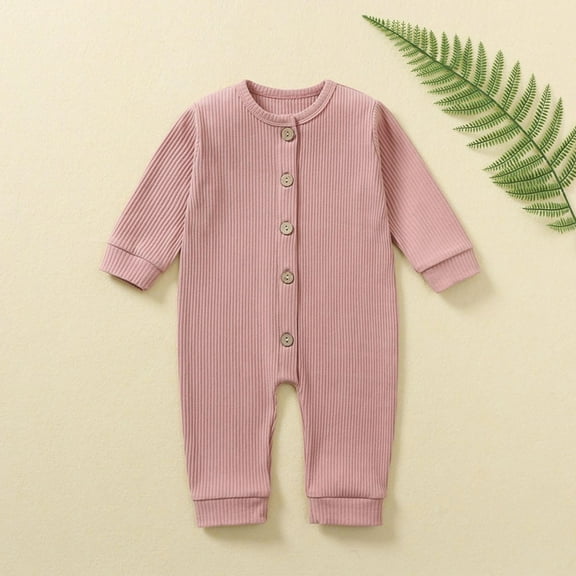 Ahabrexf Long Sleeve Jumpsuit, Newborn Solid Color Round Neck Footed Crawling Clothes Outfit