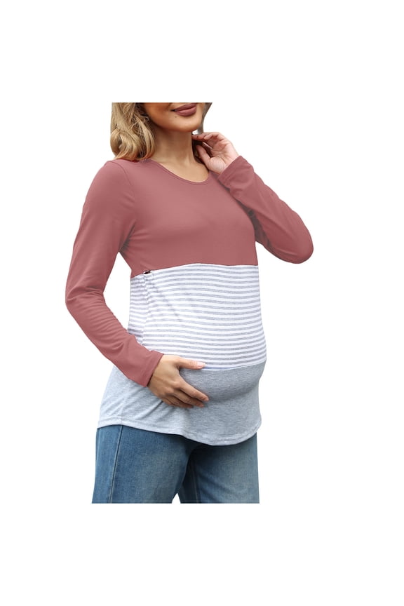 Nursing Tops for Breastfeeding Maternity and Nursing Solid Stripe Long Sleeve Casual Top