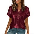 thumbnail image 1 of Ahabrexf Off Shoulder Tops for Women Short Sleeve Solid Color Spliced Casual Shirt 100% Polyester, 1 of 8