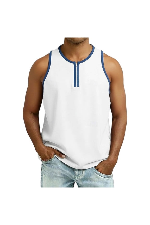 One Shoulder Tank Top for Men Color Block Half Zipper Casual Sleeveless Shirt