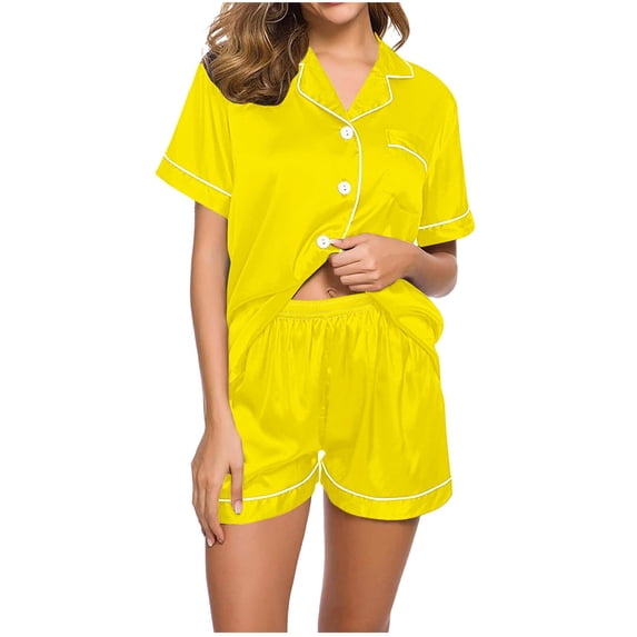 Ahabrexf Pajamas Set for Women Short Sleeve Sleepwear Notch Collar Button Down Nightwear Soft Pjs Lounge Set