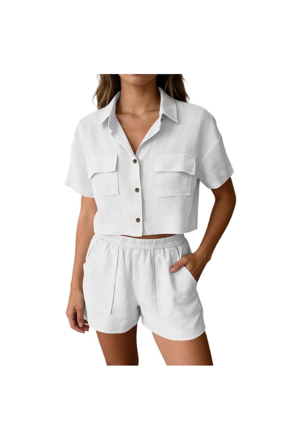 Pants and Top Set for Women Linen-Like Short Sleeve Cardigan Elastic Waist Shorts 2 PC Outfits