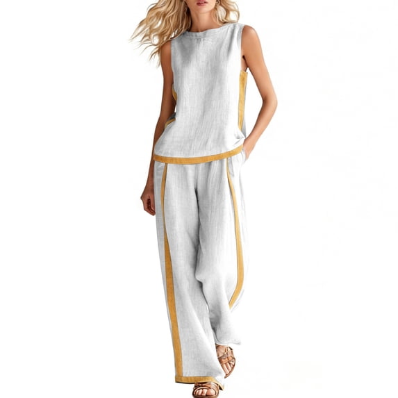 Ahabrexf Pants and Top Set for Women, Solid Color Patchwork V Neck Top With Pockets Casual Pants Set for Summer