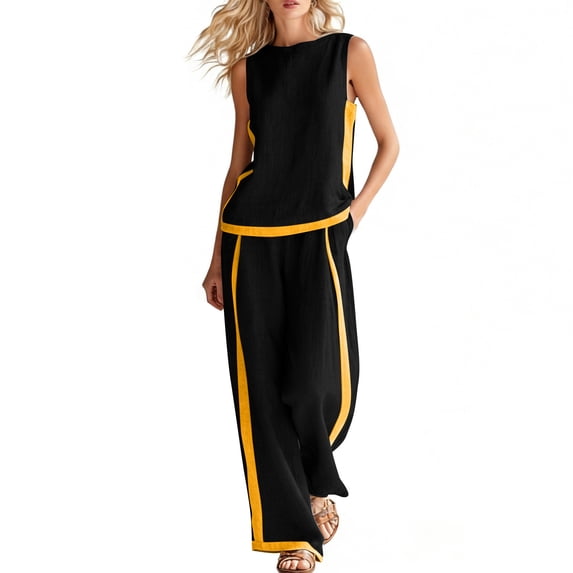 Ahabrexf Pants and Top Set for Women, Solid Color Patchwork V Neck Top With Pockets Casual Pants Set for Summer