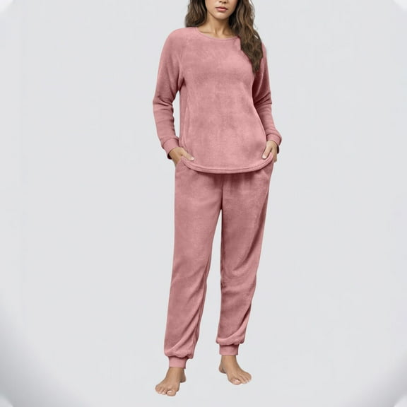 Ahabrexf Fashion Women's Casual Solid Color Round Neck Long Sleeve Top and Pocket Pants Set