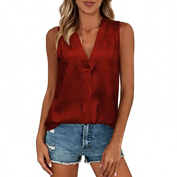 Ahabrexf Party Tops for Women Solid Color V Neck Sleeveless Casual Top 95% Polyester 5% Spandex 1Pc