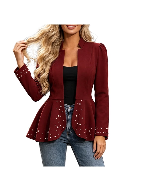 Peplum Blazer Jacket for Women, Stand Collar Open Front Pearl Embellished Long Sleeve Fitted Waist Solid Outerwear