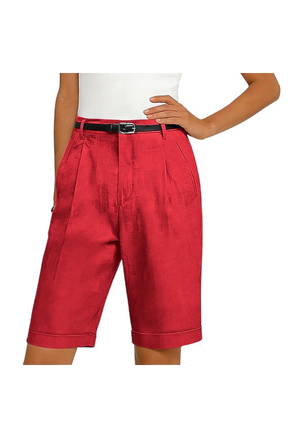 Pleated Bermuda Shorts for Women, High Waist Button Cuffed Hem Solid Linen Mixed Casual Knee Length Shorts with Belt Loops for Office Daily Wear