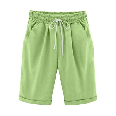 Ahabrexf Plus Size Bermuda Shorts for Women Solid Elastic Waist Knee Length Summer Casual Cotton Linen Shorts Drawstring Short w/ Pockets