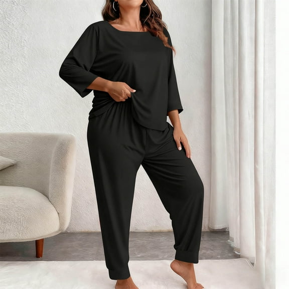 Ahabrexf Plus Size Pants,Fashionable Solid Color Long Sleeve Top and Pants Casual Home Set