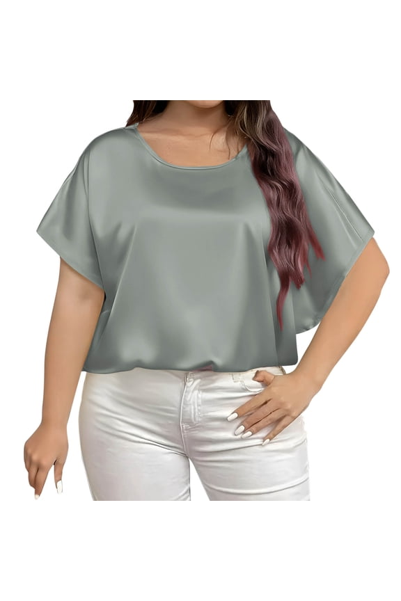 Plus Size Short Sleeve Tops for Women, Solid Color Round Neck Casual Tee, Polyester Regular Fit Blouse