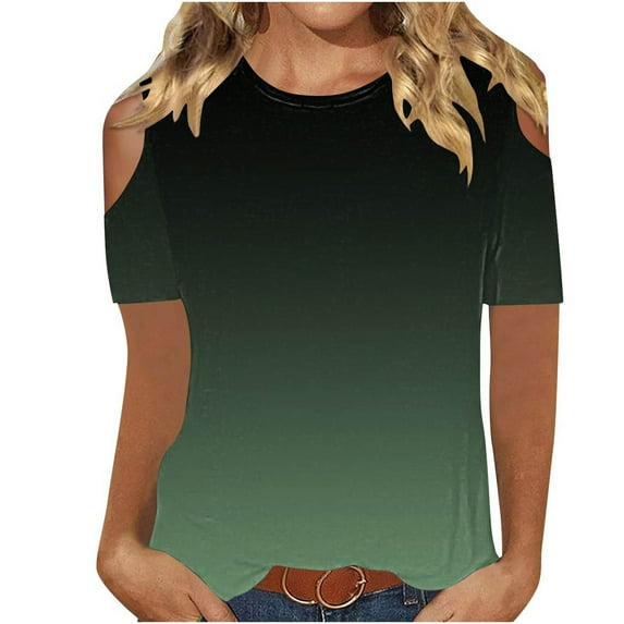 Ahabrexf Plus Size Tops for Women Summer Gradient Casual Cold Shoulder Short Sleeve Scoop Neck Shirt Loose Fit Blouse