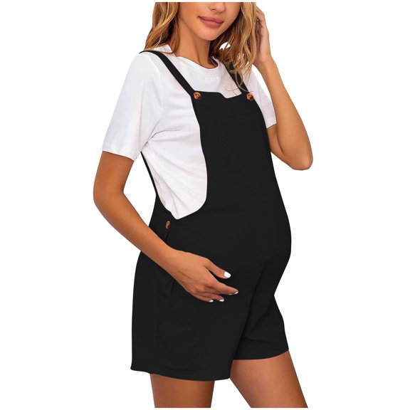 Ahabrexf T-Shirts for Women, Pregnant Solid Color Maternity Adjustable Waist Shoulder Strap Jumpsuit Shorts