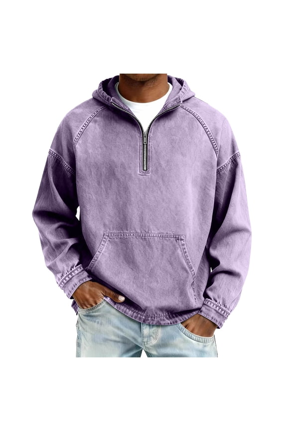 Pullover Sweatshirts for Men Long Sleeve Hooded Washed Distressed Denim Jacket