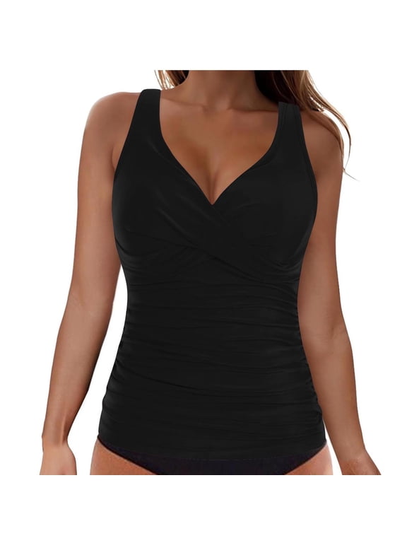 Push Up Swim Tops for Women, Solid Color Wrap V-Neck Ruched Crisscross Back Adjustable Strap Padded Tankini Swim Top, 1 Pc