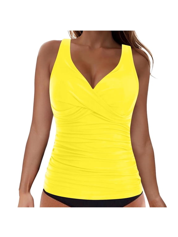 Push Up Swim Tops for Women, Solid Color Wrap V-Neck Ruched Crisscross Back Adjustable Strap Padded Tankini Swim Top, 1 Pc
