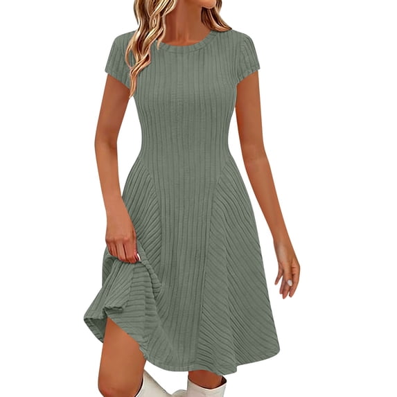 Ahabrexf Ribbed Knit Dress for Women Short Sleeve Round Neck A Line Midi Casual