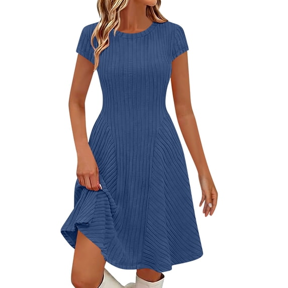 Ahabrexf Ribbed Knit Dress for Women Short Sleeve Round Neck A Line Midi Casual