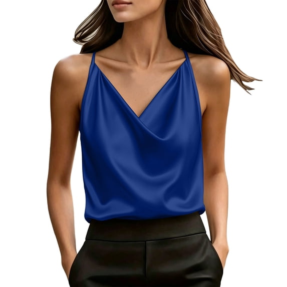 Ahabrexf Satin Camisole Tops for Women, Draped Cowl Neck Spaghetti Strap Solid Color Dressy Tank Top for Office Party Wedding Wear