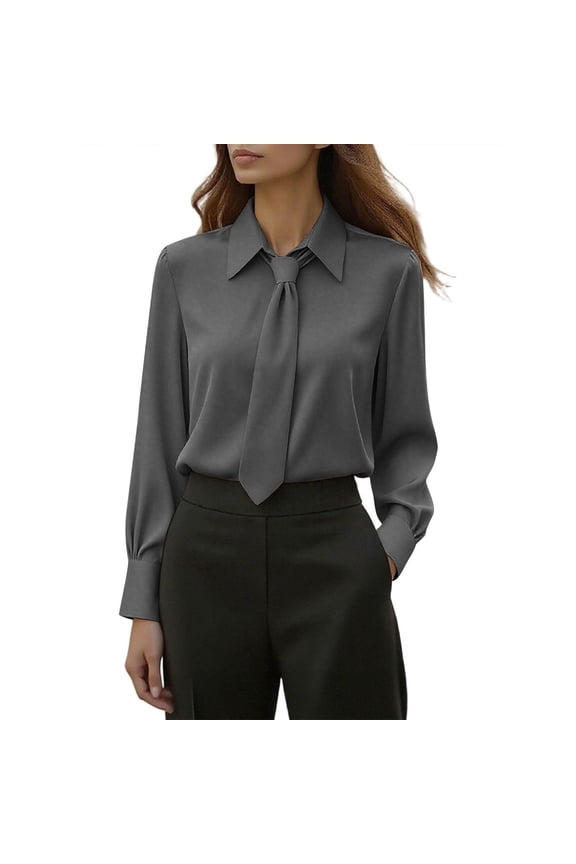 Scarf Shirt Top for Women Casual Long Sleeve Lapel Collar Blouse Polyester