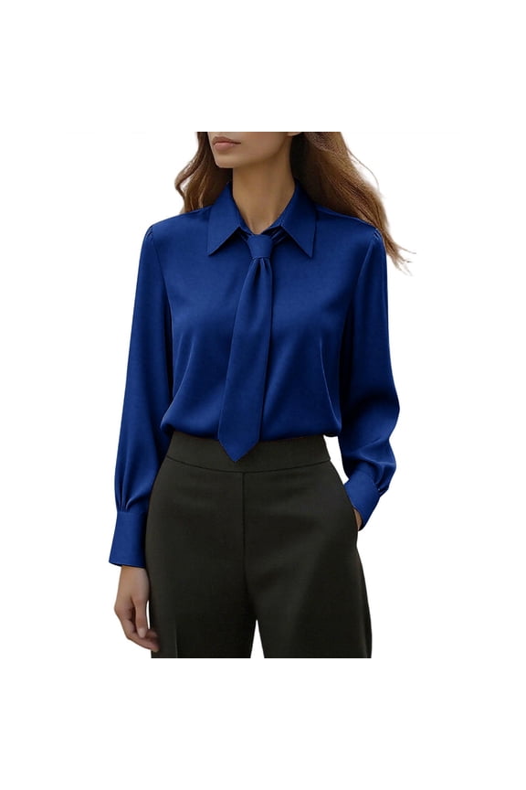 Scarf Shirt Top for Women Casual Long Sleeve Lapel Collar Blouse Polyester