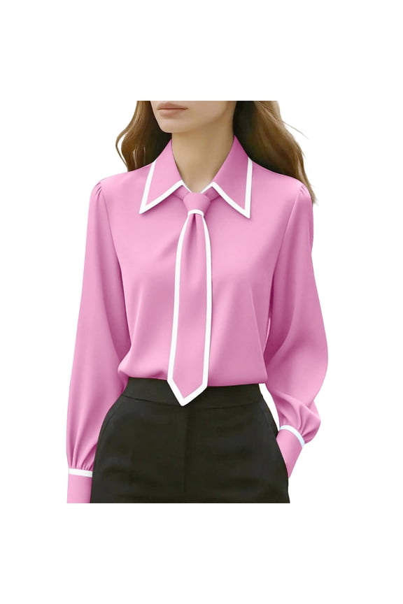 Scarf Shirt Top for Women Long Sleeve Patchwork Striped Casual Blouse Polyester