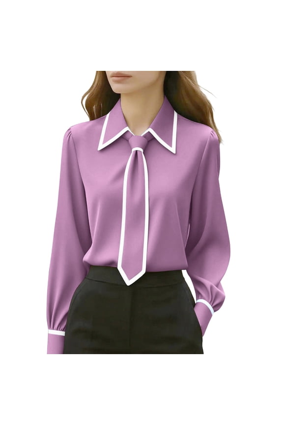 Scarf Shirt Top for Women Long Sleeve Patchwork Striped Casual Blouse Polyester