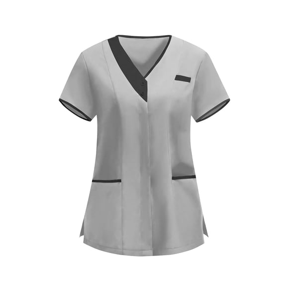 Ahabrexf Scrubs for Women, V-Neck Contrast Trim Short Sleeve Pocketed Nurse Uniform Tunic Top, 1 Pc