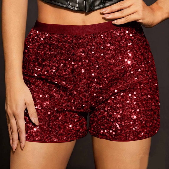 Ahabrexf Sequin Shorts for Women High-Waisted Stretchy Party Shorts