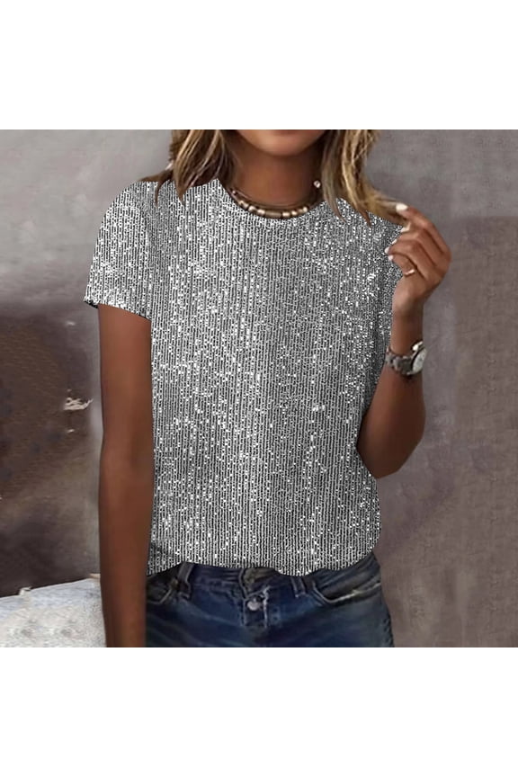 Sequin Shirts for Women,Sparkling Embellished Casual Pullover Blouse with Round Neck and Sleeve
