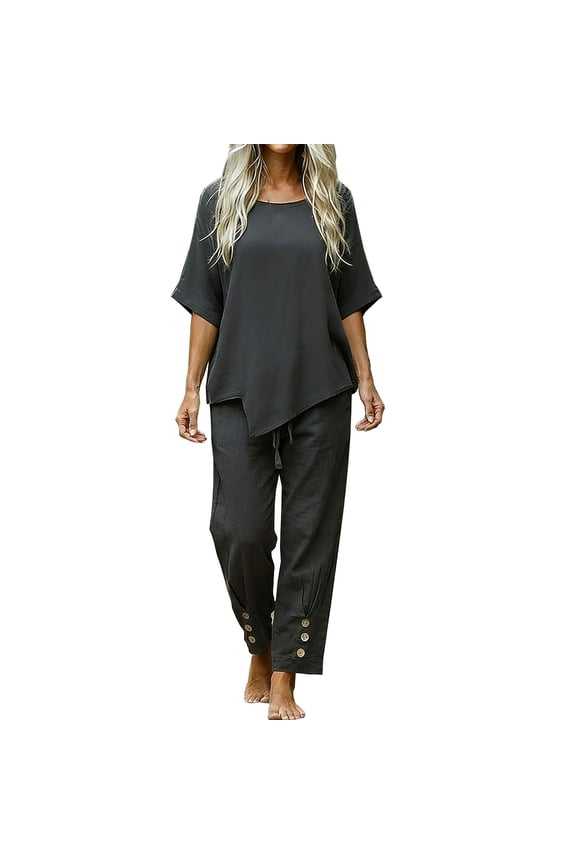 Sets for Women 2 Pc Casual Round Neck Top and Wide Leg Pants Summer Outfit