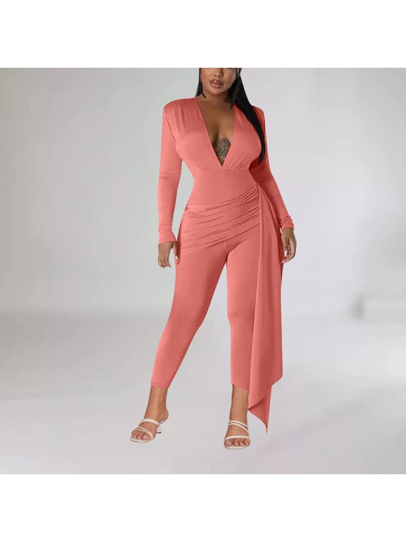 Women Pants Suits, Solid Color V-Neck High Elasticity Jumpsuit Set for Casual Wear
