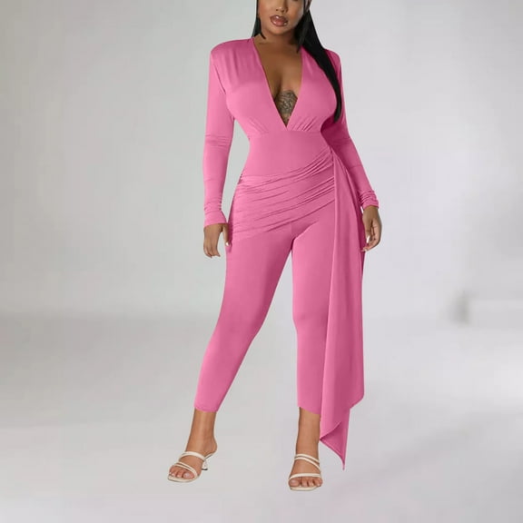 Ahabrexf Women Pants Suits, Solid Color V-Neck High Elasticity Jumpsuit Set for Casual Wear