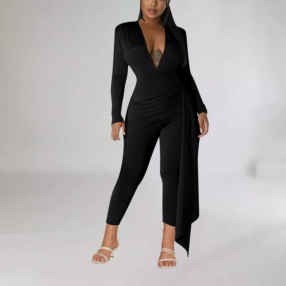 Ahabrexf Sets for Women Sexy Jumpsuits for Women Women's Solid Color Sexy V-Neck High Elasticity Jumpsuit Set Sexy Jumpsuits for Women