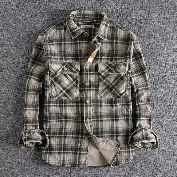 Ahabrexf Shirts for Men, Vintage Turndown Collar Button Pocket Plaid Long Sleeve Shirt
