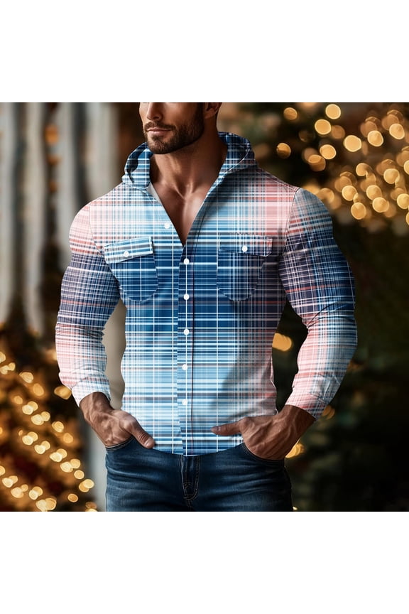 Long Sleeve Shirts for Men,Grid Hoodie Long Sleeve Button Pocket Design Shirt Casual Top